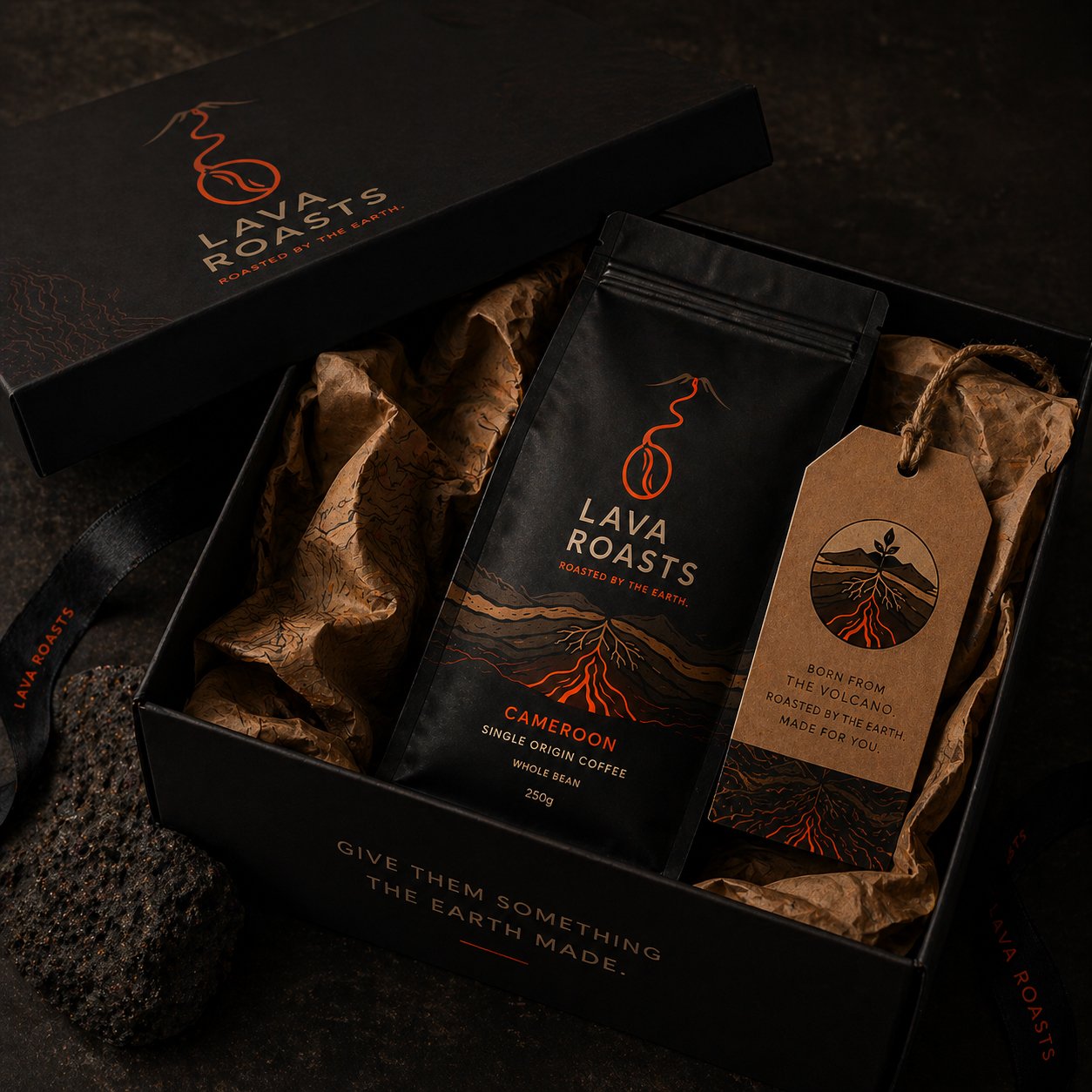 Lava Roasts corporate gift box with coffee bag and branded packaging